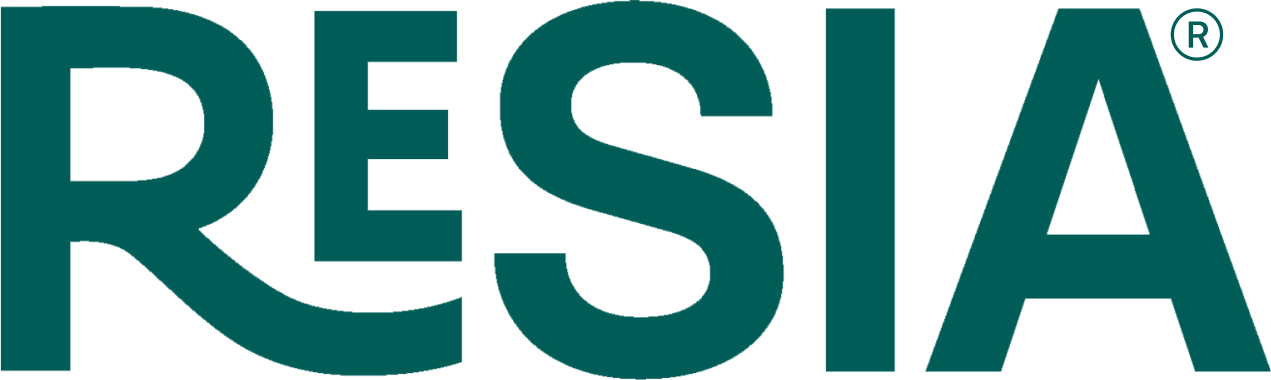The image shows the word "RESIA" in large letters with a registered trademark symbol.